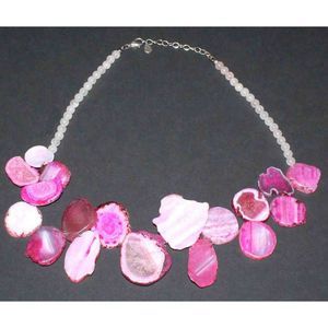 Beautiful Barse 21" Partial Sterling Silver 925 Pink‎ Sliced Agate Slab Necklace